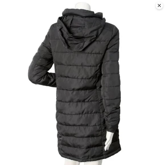 DKNY Asymmetrical Puffer Jacket Packable Winter Coat Hooded Black Pillow Collar - Picture 5 of 16